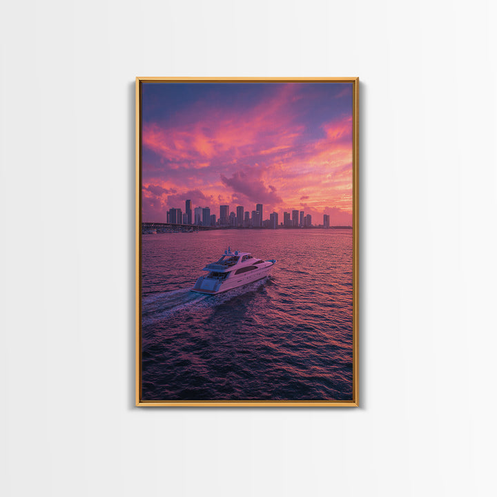 Luxury Yacht Sailing Into Stunning Miami Sunset Skyline Wall Art Framed Canvas Print For Living Room Decor