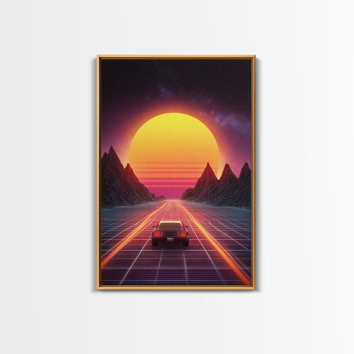 Vibrant Retro Futuristic Road Landscape Canvas Print With Neon Sunset And Car Driving Through Digital Mountains