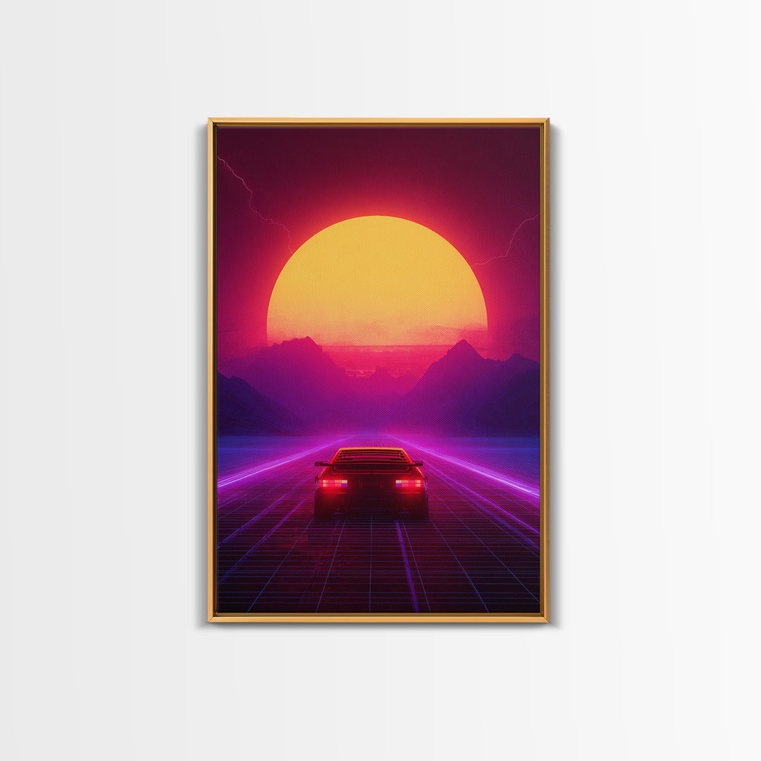 Synthwave Retro Neon Landscape With Sports Car And Palm Trees Under Glowing Sunset Canvas Print For Vaporwave Wall Art And Modern Decor