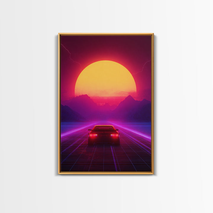 Synthwave Retro Neon Landscape With Sports Car And Palm Trees Under Glowing Sunset Canvas Print For Vaporwave Wall Art And Modern Decor