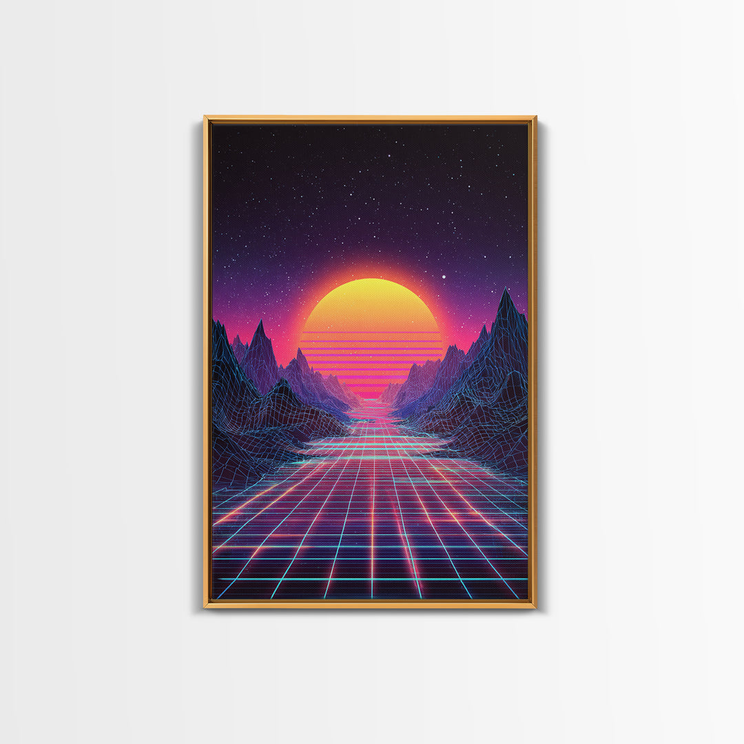 Retro Neon Landscape With Glowing Sun And Grid River Abstract Digital Wall Art Canvas Print For Modern Room