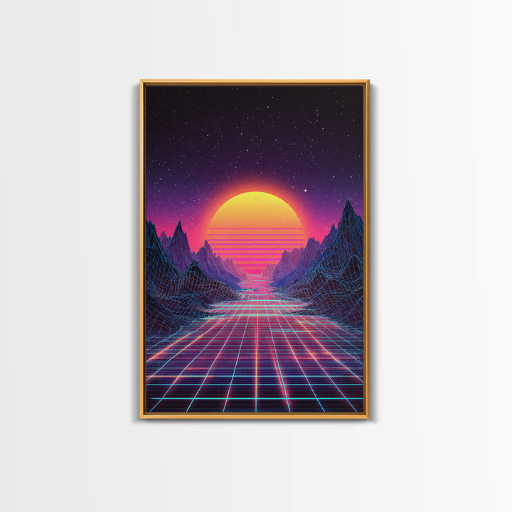 Retro Neon Landscape With Glowing Sun And Grid River Abstract Digital Wall Art Canvas Print For Modern Room