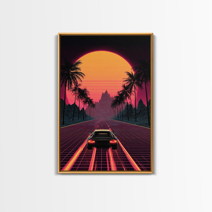 Retro Futuristic Neon Sunset Road With Laser Grid And Sports Car Canvas Print For Modern Wall Art Cyberpunk Decor And Gaming Room Decor