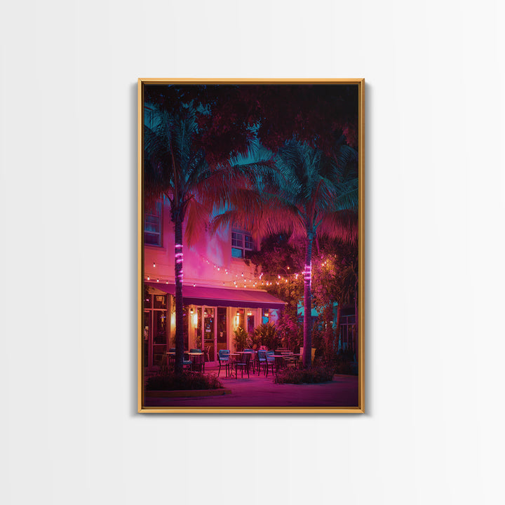 Vibrant Nighttime Tropical Outdoor Cafe Scene In Pink And Blue Modern Wall Art Canvas Print