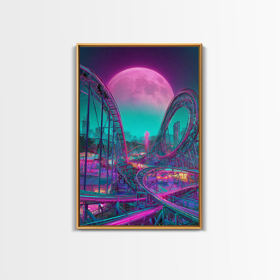 Vibrant Retro Futuristic Roller Coaster Scene With Neon Pink Moon Wall Art Canvas Print For Gamers Room Decor
