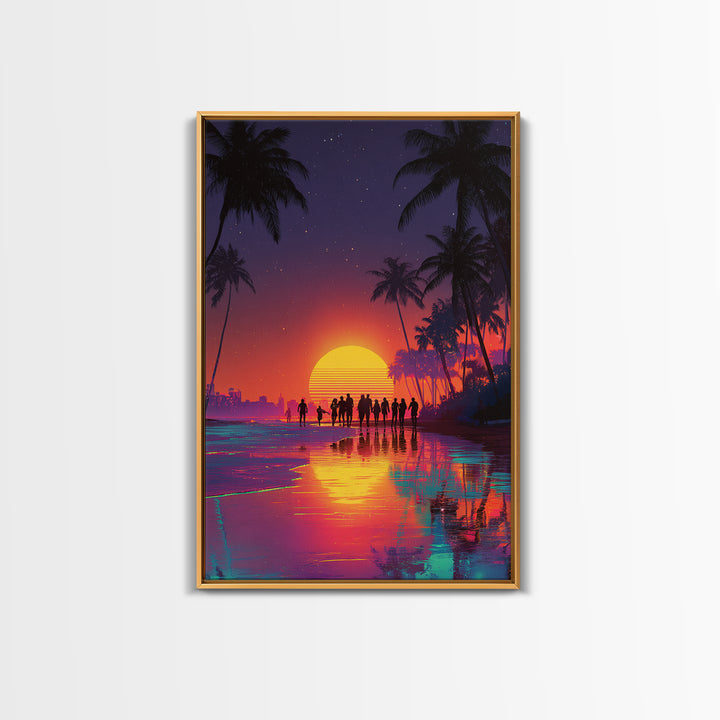 Modern Vibrant Sunset Beach Scene With People Silhouettes Wall Art Framed Canvas Print For Coastal Home Decor