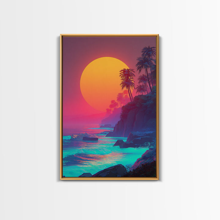 Vibrant Tropical Sunset With Palm Trees Ocean Coastline Digital Painting Canvas Print Modern Wall Art For Home Decor