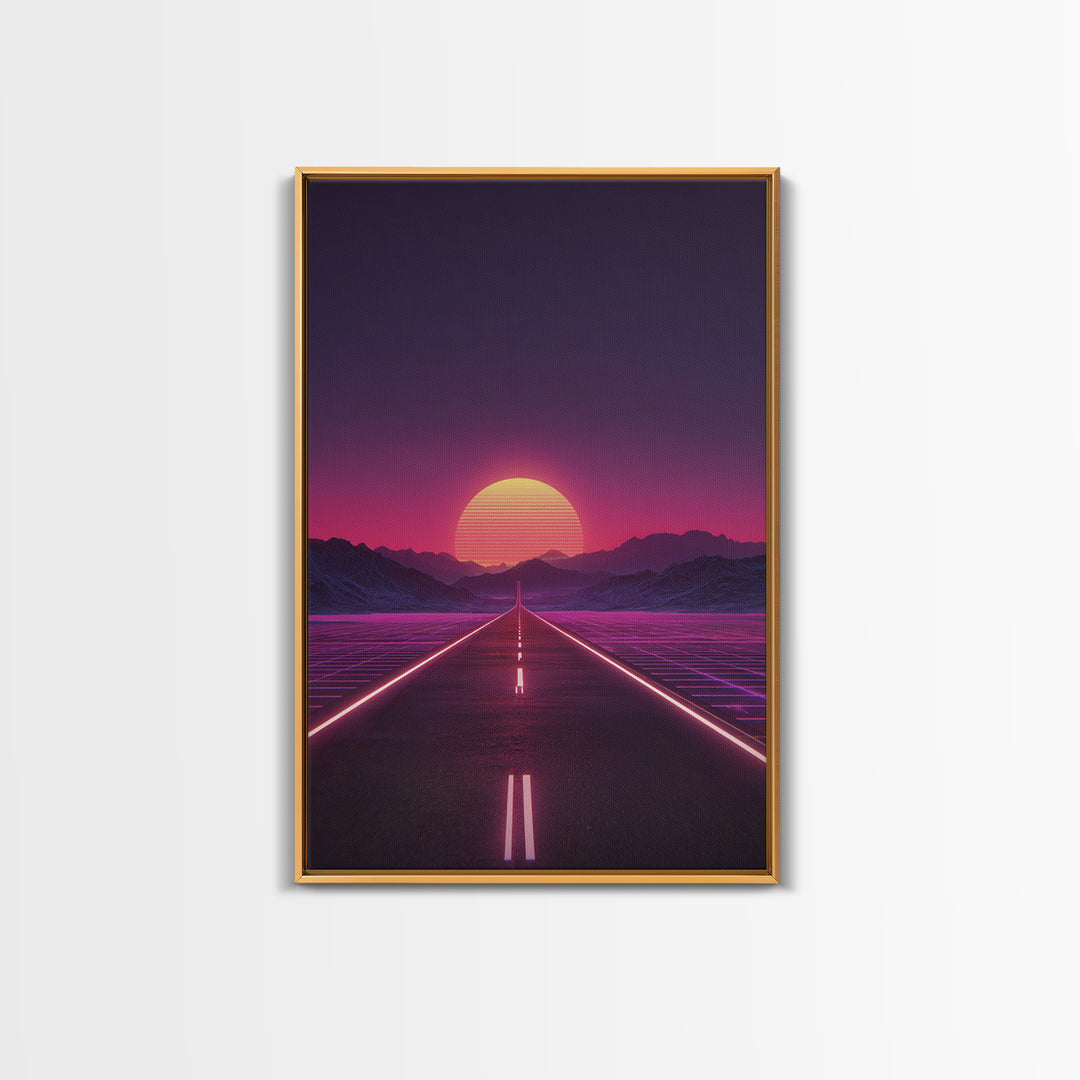 Offbeat Neon Retro Futuristic Road Sunset Digital Art Wall Art Canvas Print Trendy Modern Decor For Bedroom And Office
