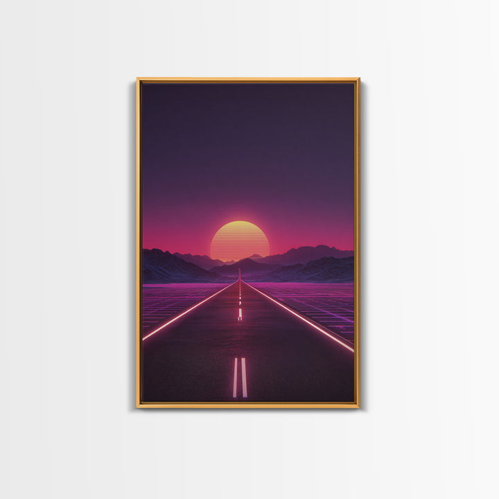Offbeat Neon Retro Futuristic Road Sunset Digital Art Wall Art Canvas Print Trendy Modern Decor For Bedroom And Office