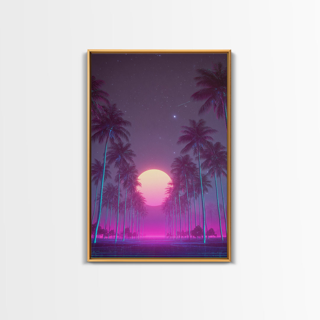 Retro Futuristic Neon Highway Leading To Large Vibrant Sun Over Palm Trees Digital Canvas Print Wall Art
