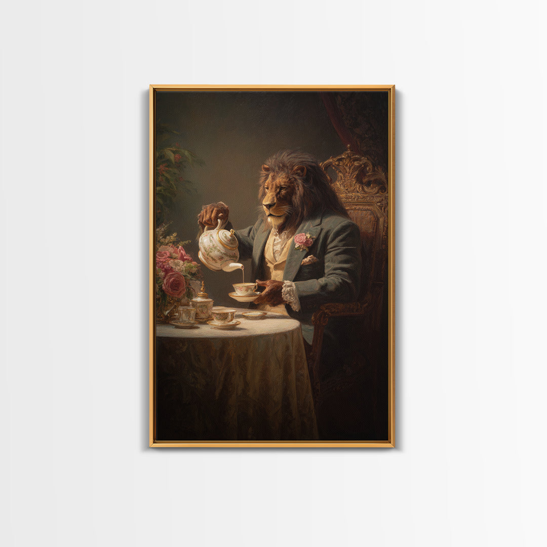 Regal Lion Pouring Tea In Victorian Parlor Canvas Print, Whimsical Animal Wall Art, Dark Academia Dining Room Decor Gift