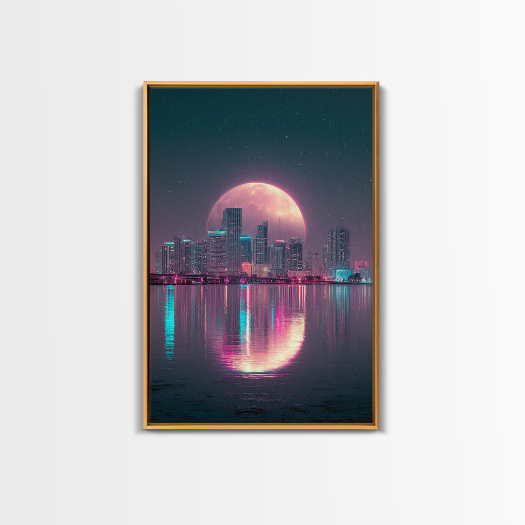 Giant Pink Moon Over Tropical Cityscape Sunset Urban Modern Wall Art Canvas Print