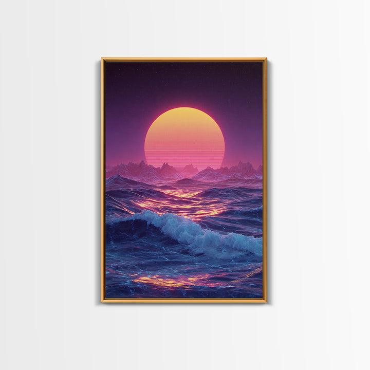 Retro Futuristic Neon Pink And Purple Surreal Landscape Digital Wall Art Framed Canvas Print