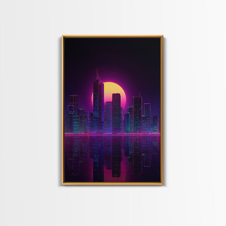 Futuristic Neon Cityscape With Purple And Pink Sunset Sci-Fi Wall Art Framed Canvas Print For Modern Living Room Decor