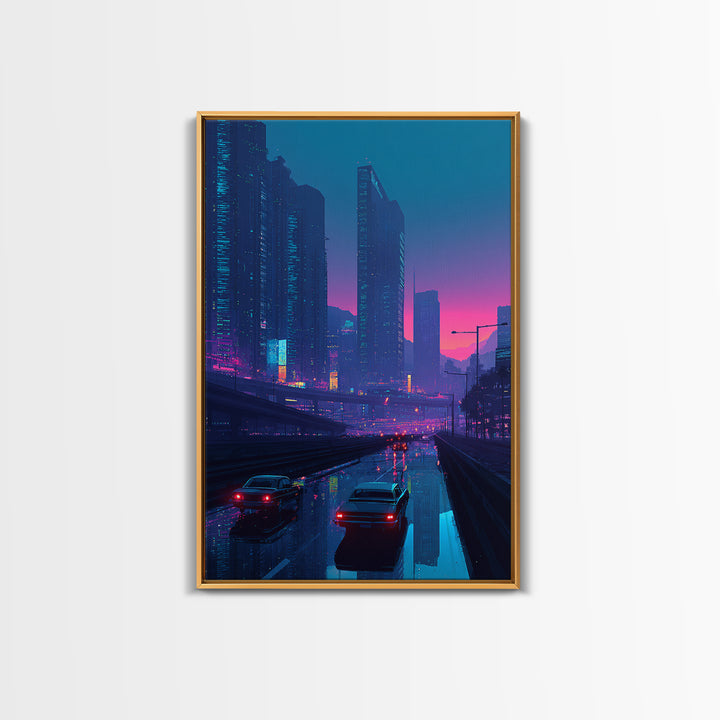 Cyberpunk Cityscape At Dusk With Neon Lights And Rain Reflections Modern Wall Art For Home Decor And Office