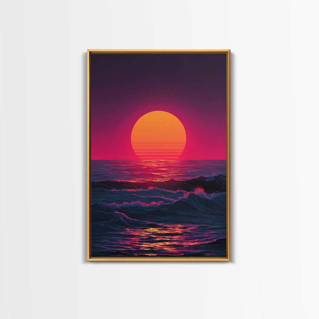 Vibrant Retro Abstract Neon Sunset Over Ocean Waves With Pink And Purple Horizon Wall Art Canvas Print For Bold Home Decor