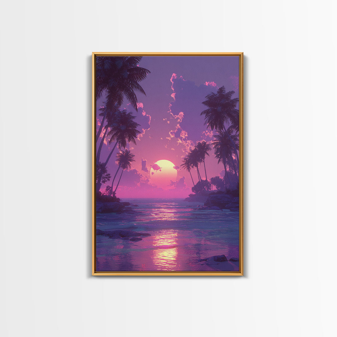 Peaceful Pink Purple Sunset Between Palm Trees Over Gentle Ocean Waves Framed Canvas Print For Home