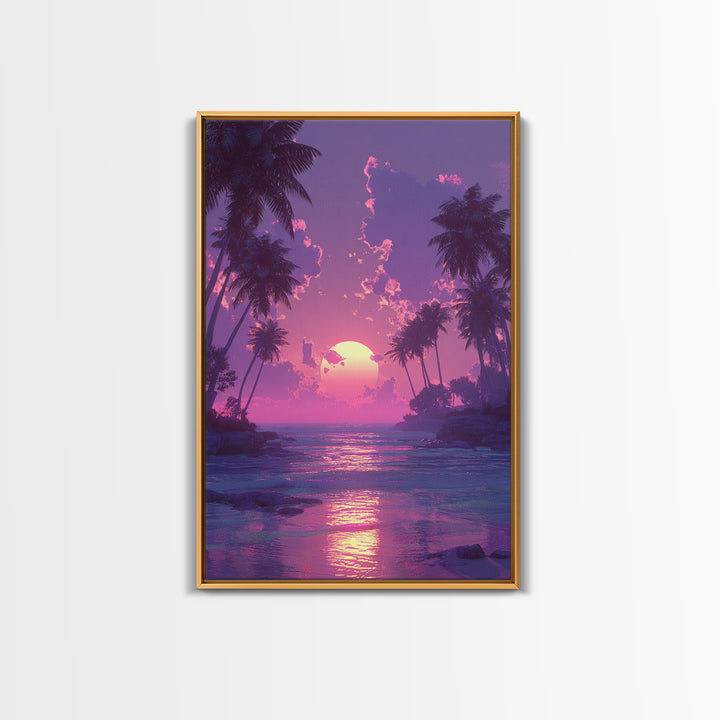 Peaceful Pink Purple Sunset Between Palm Trees Over Gentle Ocean Waves Framed Canvas Print For Home