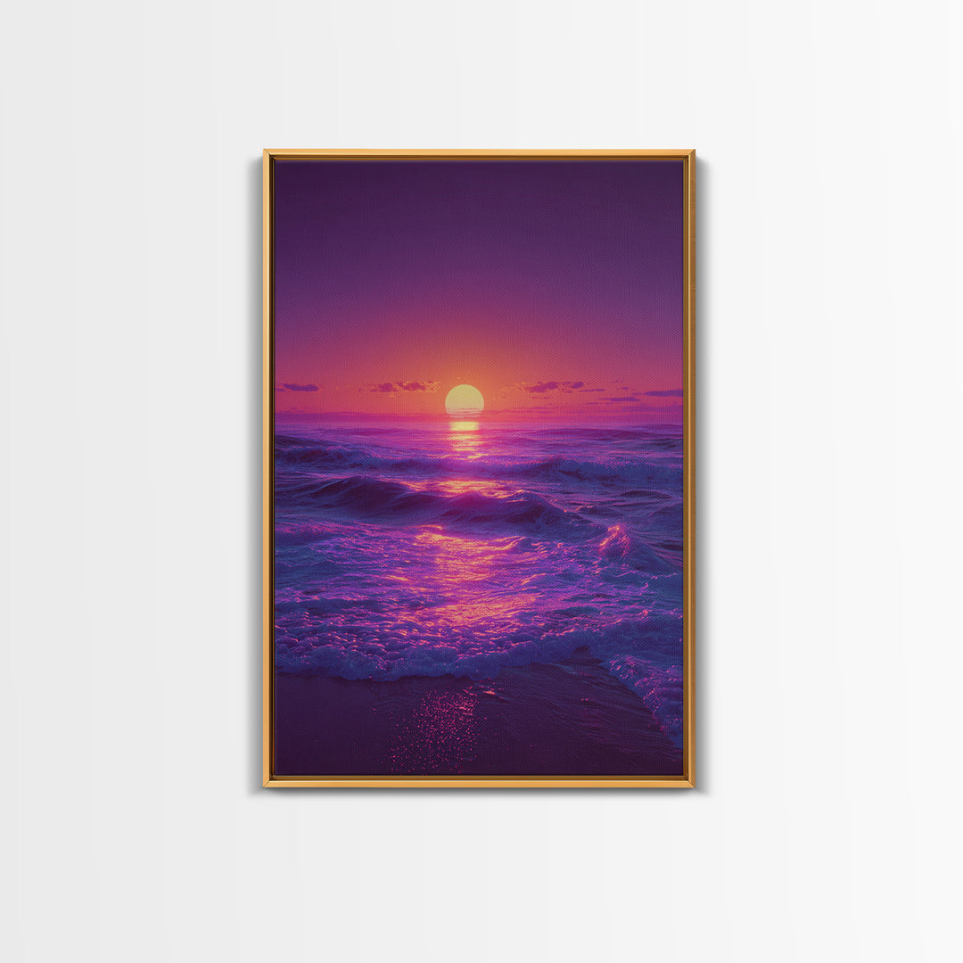 Surreal Ocean Sunset With Deep Purple And Pink Hues Canvas Print For Bedroom Wall Art And Coastal Home Decor