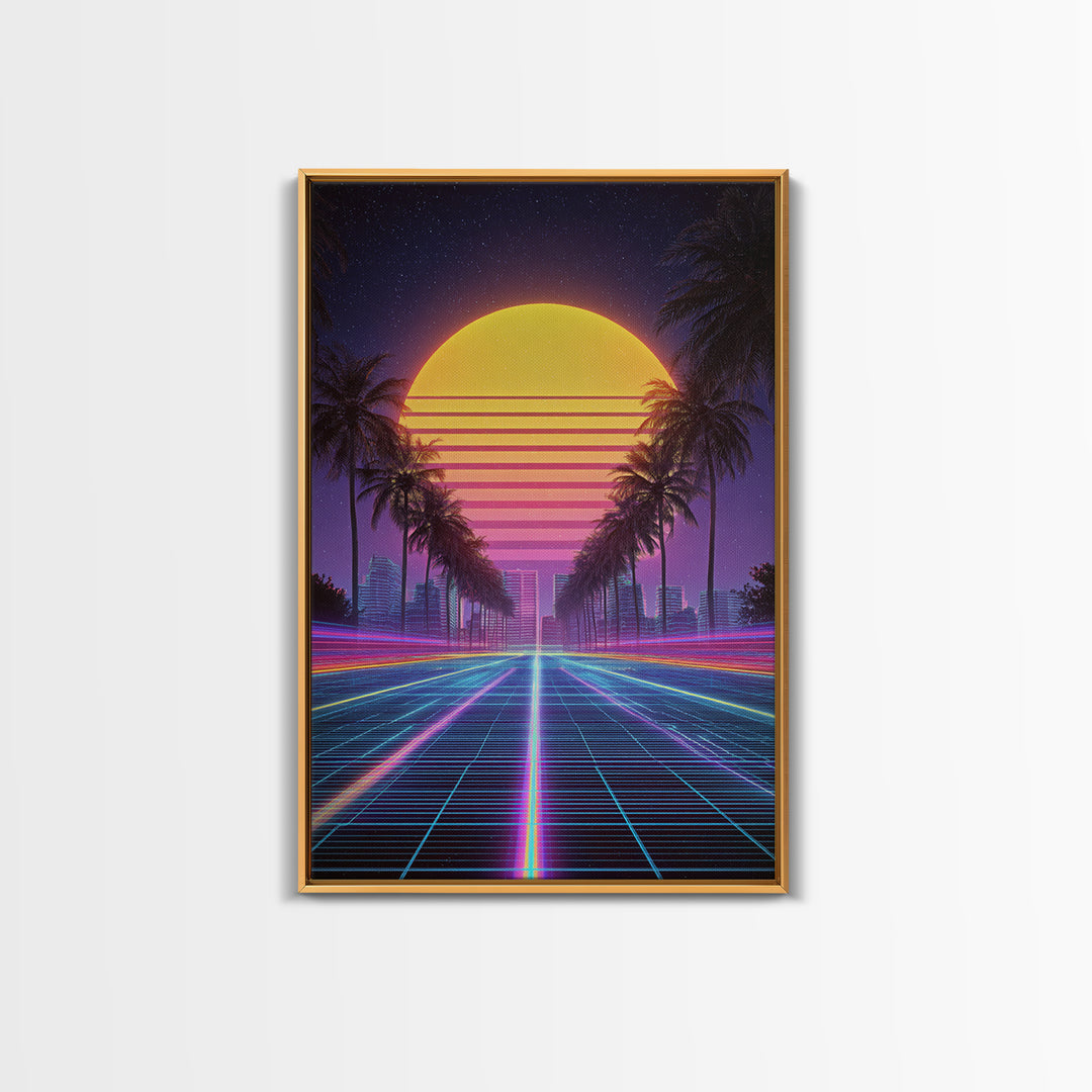Retro Sunset Over Neon Cityscape With Palm Trees Digital Wall Art Framed Canvas Print Modern Wall Decor
