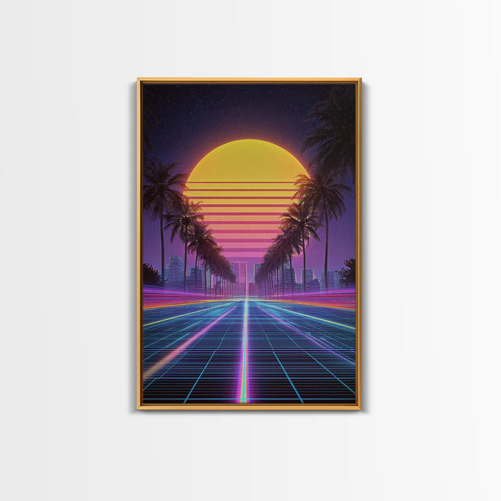 Retro Sunset Over Neon Cityscape With Palm Trees Digital Wall Art Framed Canvas Print Modern Wall Decor