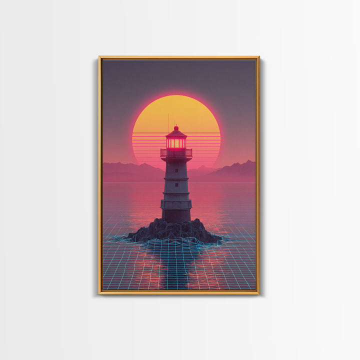 Retro Futuristic Neon Sunset Lighthouse Cityscape Digital Art Vibrant Large Wall Art Framed Canvas Print Modern Decor
