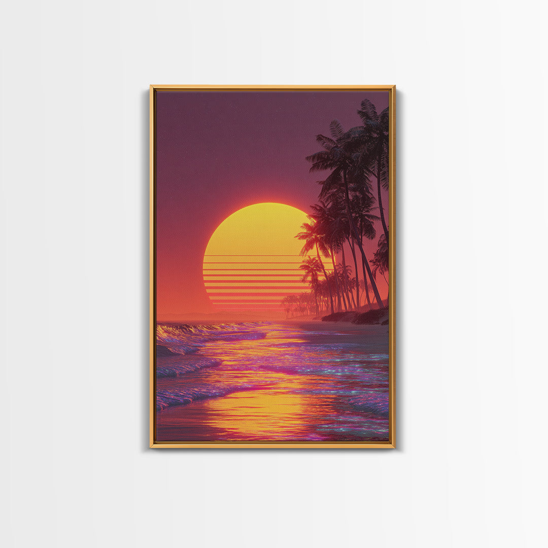 Bright Neon Orange Sun Over Tropical Beach Palm Trees With Stunning Waves Canvas Print Vibrant Modern Wall Art For Home