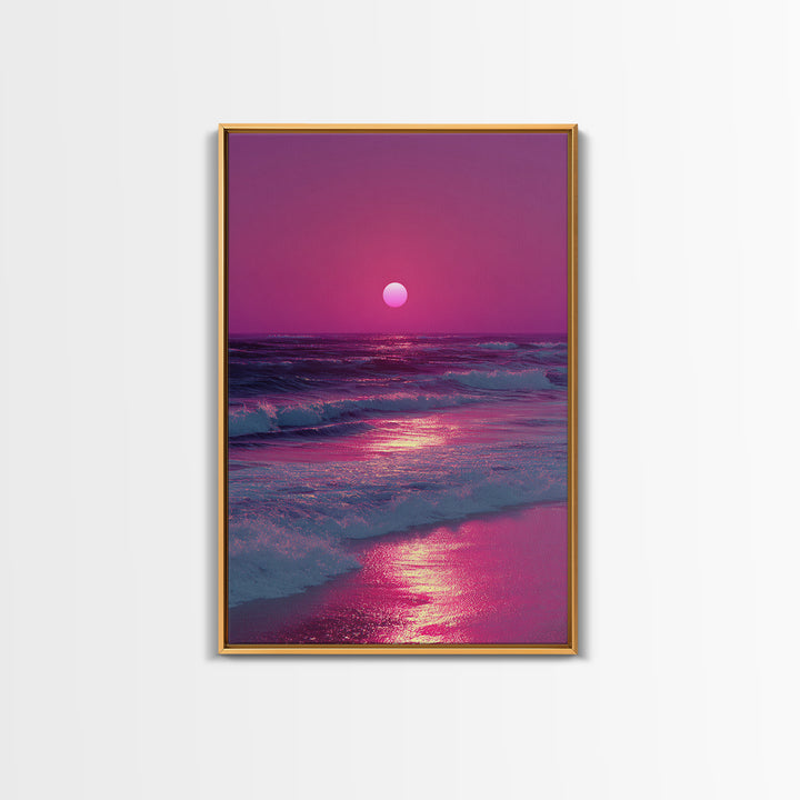 Vibrant Pink Sunset Over Ocean Waves With Reflective Light Coastal Wall Art Canvas Print For Beach House