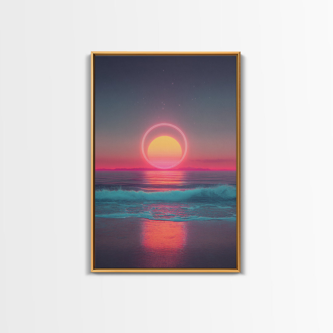 Digital Neon Sunset Ocean With Circular Glow Abstract Waves Modern Wall Art Large Framed Canvas Print Coastal Decor