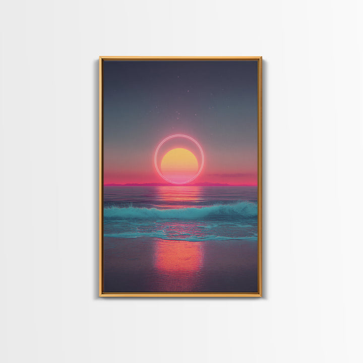 Digital Neon Sunset Ocean With Circular Glow Abstract Waves Modern Wall Art Large Framed Canvas Print Coastal Decor