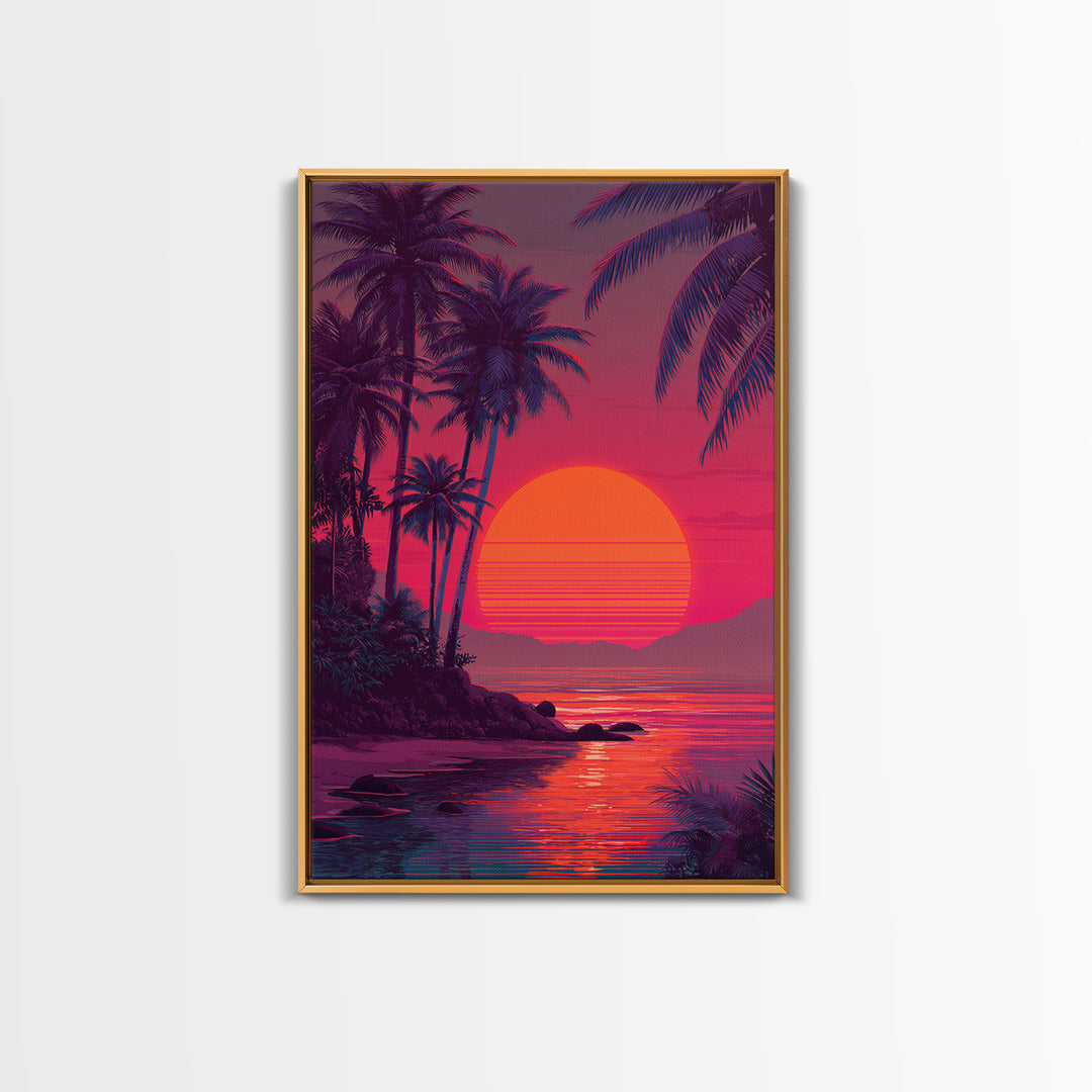 Evocative Tropical Sunset Island Coastal Artwork With Vibrant Red And Pink Sky Canvas Print For Modern Tropical Wall Decor