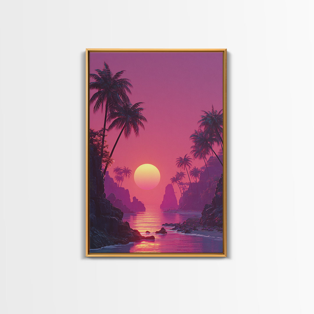 Stunning Pink Sunset Tropical Beach Landscape With Palm Trees Wall Art Canvas Print For Coastal Home Decor And Bedroom