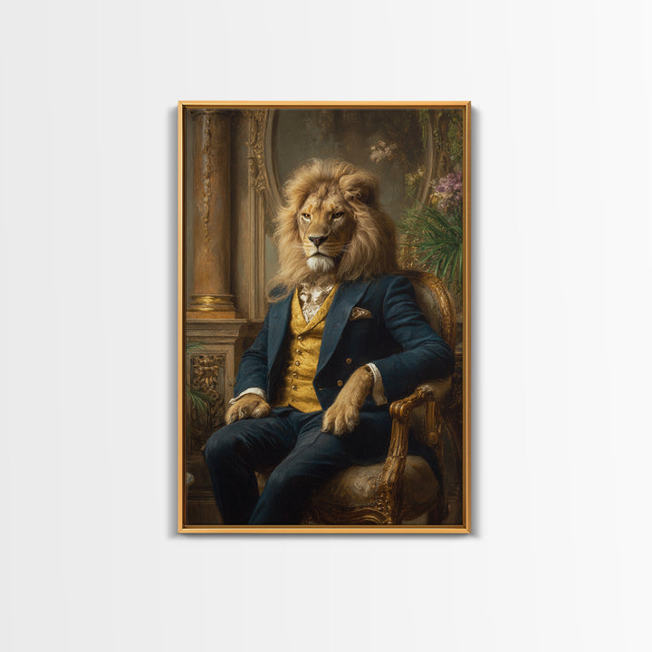 Noble Lion In Blue Suit On Gilded Throne Canvas Print, Regal Animal Wall Art, Luxury Maximalist Office Decor Gift For Him