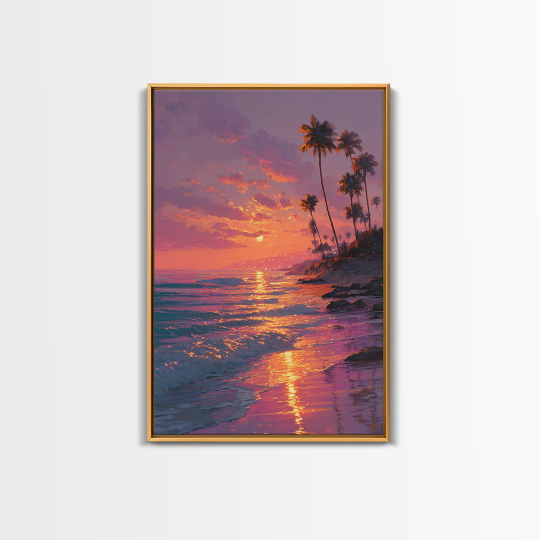 Palm Trees Sunset Beach Landscape Painting Wall Art Canvas Print For Cozy Living Room Modern Coastal Wall Decor