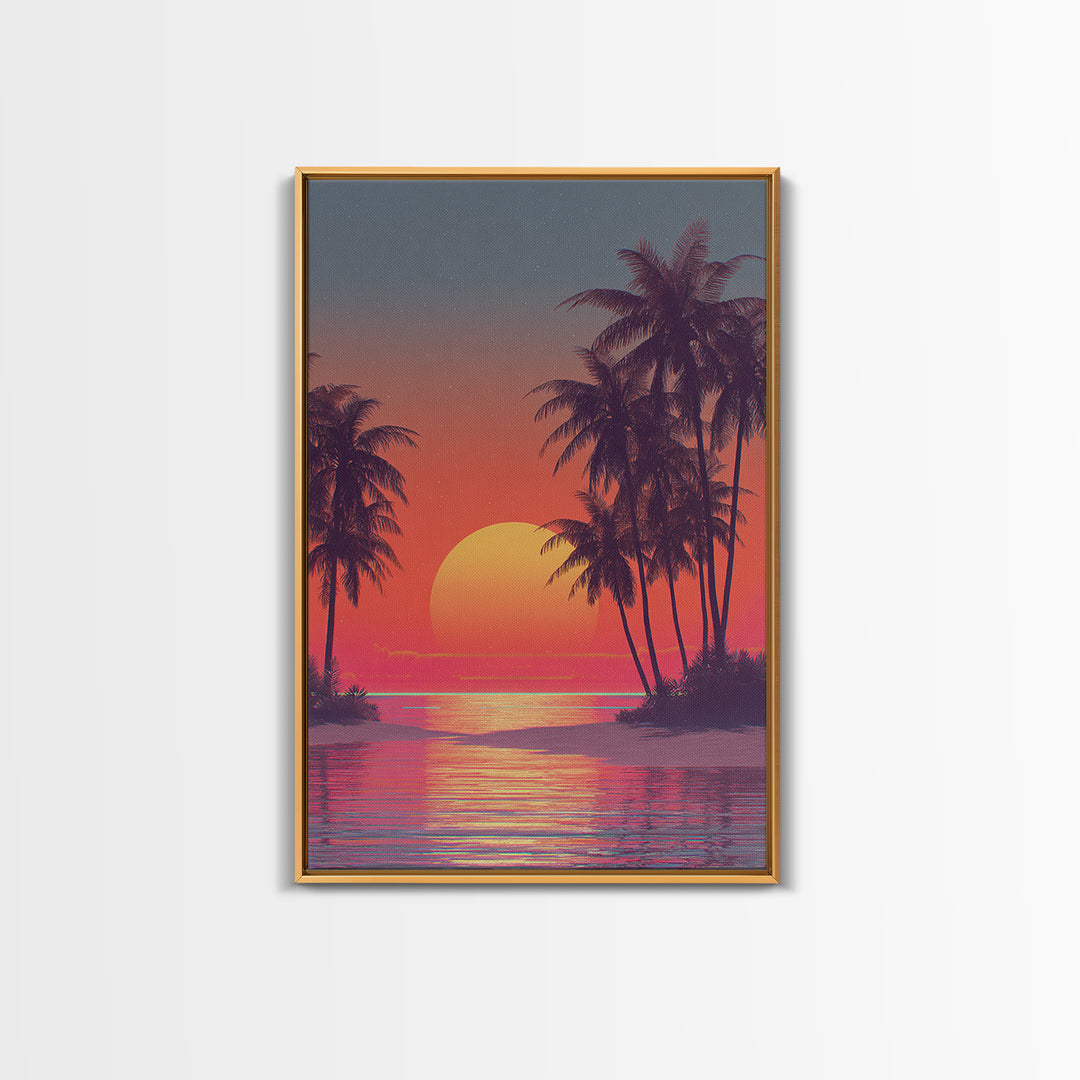Tropical Sunset Beach Scene Wall Art With Palm Trees And Vibrant Coral Sky Framed Canvas Print Perfect For Coastal Home Decor