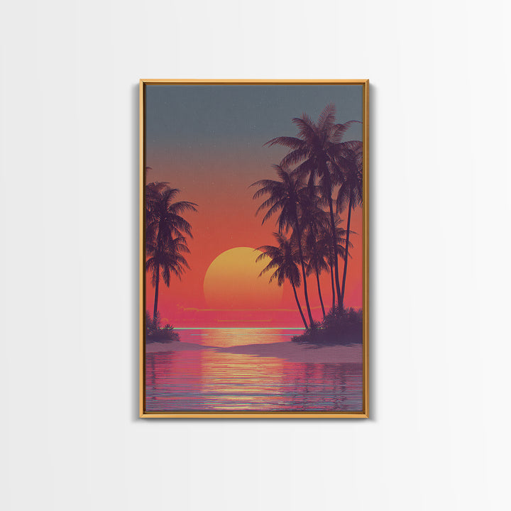 Tropical Sunset Beach Scene Wall Art With Palm Trees And Vibrant Coral Sky Framed Canvas Print Perfect For Coastal Home Decor