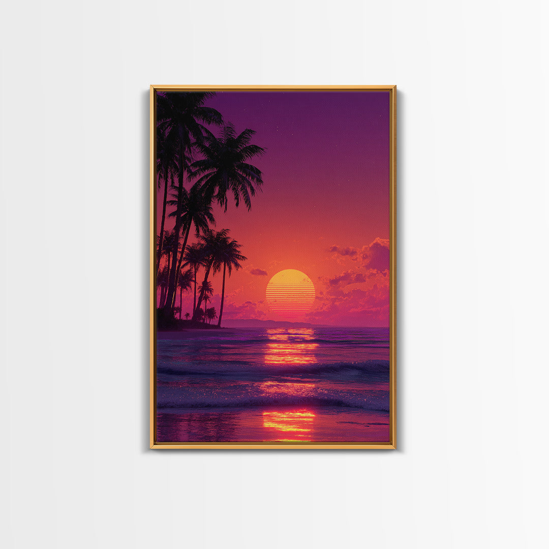 Vibrant Retro Sunset Beach Palm Tree Painting Wall Art Print For Bedroom And Coastal Home Decor Canvas Print
