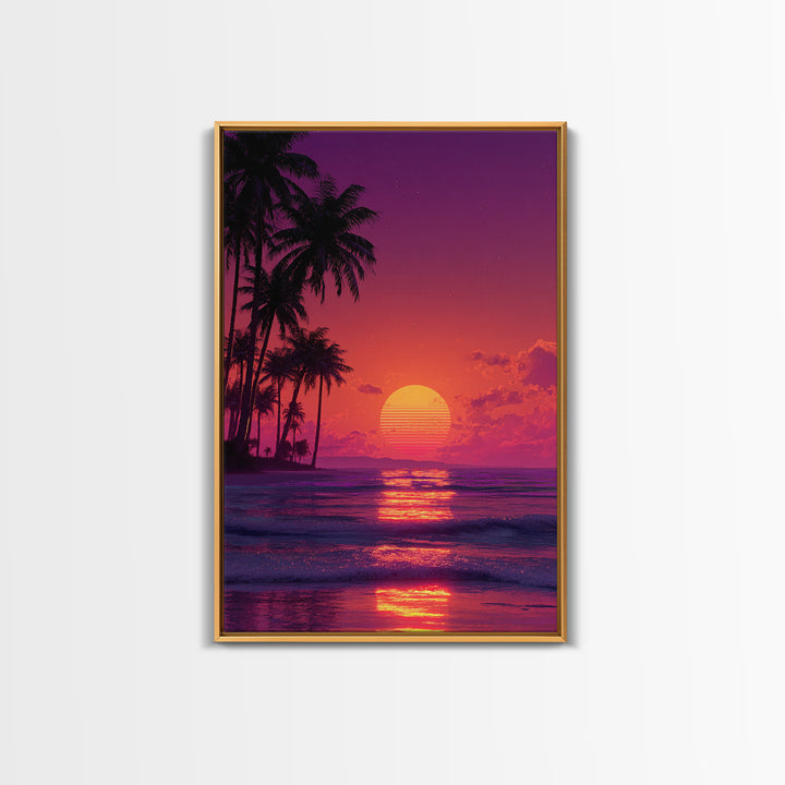 Vibrant Retro Sunset Beach Palm Tree Painting Wall Art Print For Bedroom And Coastal Home Decor Canvas Print