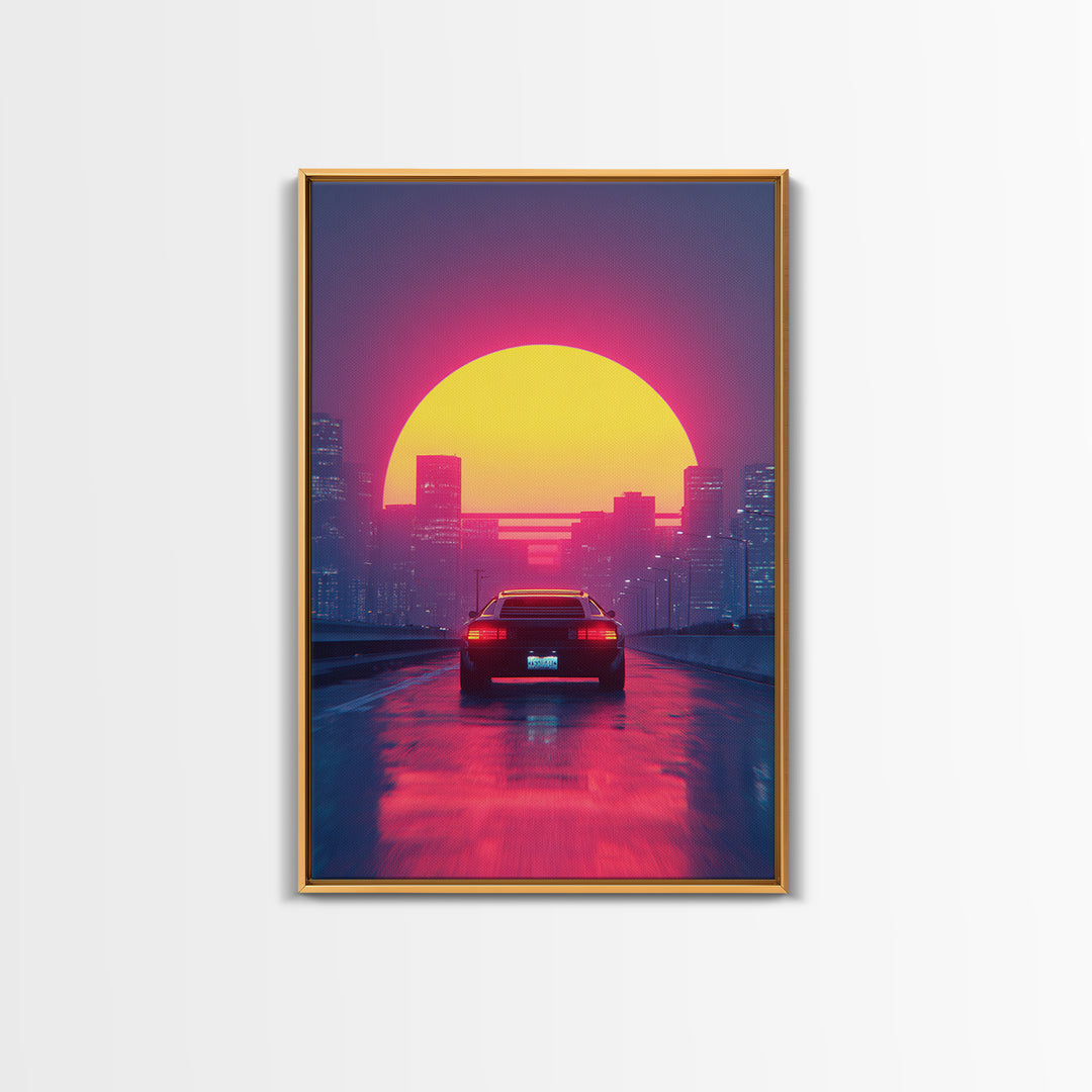 Retro Futuristic Neon Cityscape With Classic Car Sunset Wall Art Canvas Print Gaming Room Decor Modern Urban Art