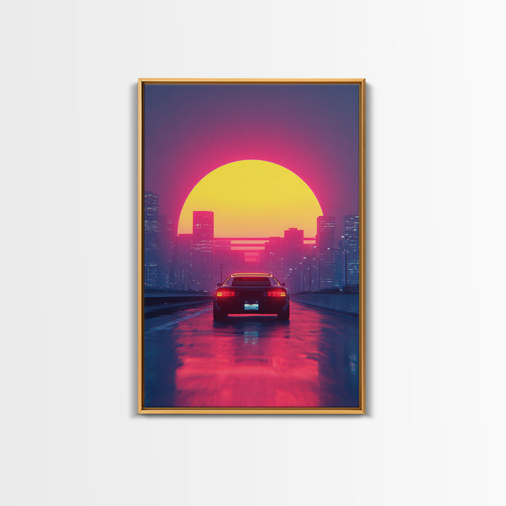 Retro Futuristic Neon Cityscape With Classic Car Sunset Wall Art Canvas Print Gaming Room Decor Modern Urban Art