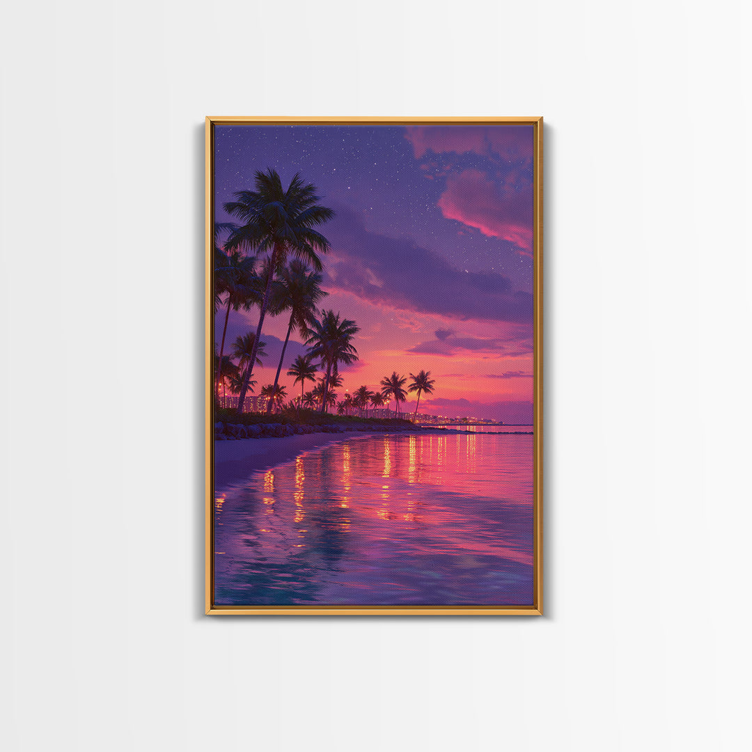 Vibrant Miami Beach Twilight With Palm Trees And City Lights Wall Art Print Canvas Wall Art Coastal Home Decor Gift For Beach Lovers