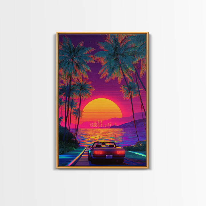 Retrowave Neon Sunset With Palm Trees And Convertible Car Canvas Print For Modern Wall Art Coastal Home Decor
