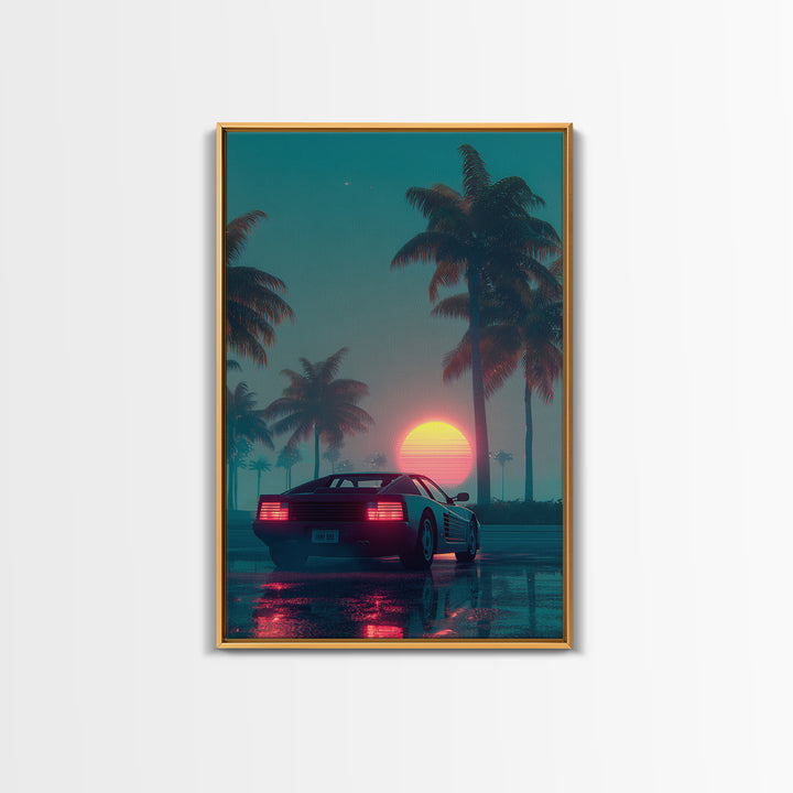 Retro Futuristic Car At Sunset Surrounded By Palm Trees With Neon Glow Vibrant Digital Art Canvas Print