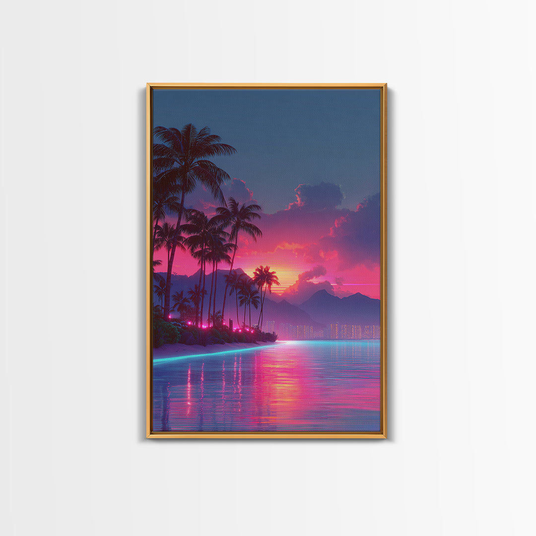 Vibrant Sunset Over Tropical Beach With Palm Trees And Reflective Ocean Modern Wall Art Print Canvas