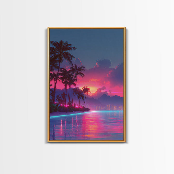 Vibrant Sunset Over Tropical Beach With Palm Trees And Reflective Ocean Modern Wall Art Print Canvas