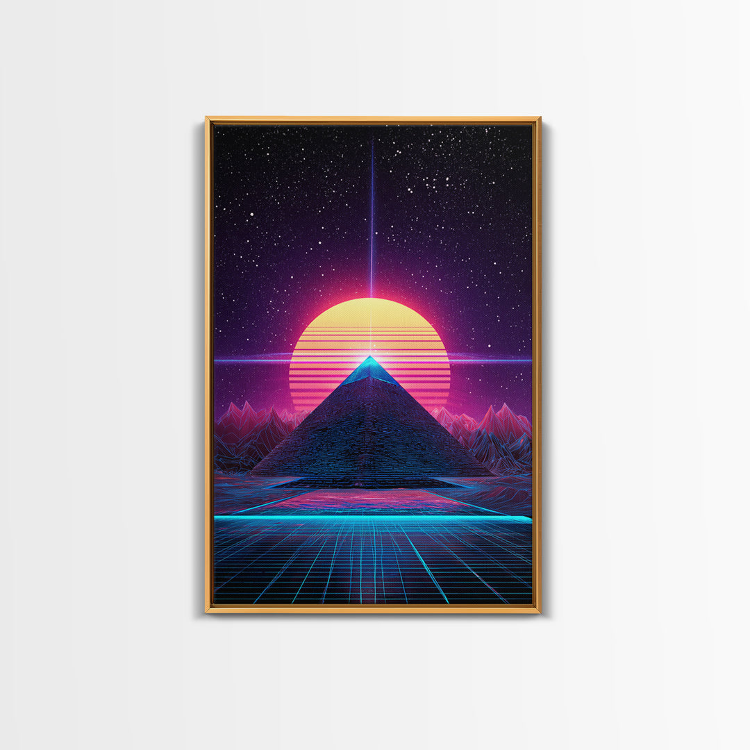 Retro Futuristic Neon Pyramid With Sun And Stars Canvas Print Modern Wall Art For Sci Fi Home Decor And Office