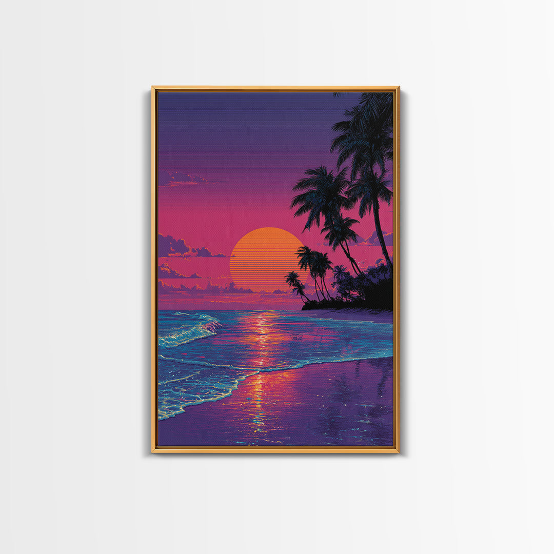 Digital Tropical Beach Sunset Wall Art Vibrant Retro Canvas Print For Coastal Living Room Decor And Relaxing Home Vibes
