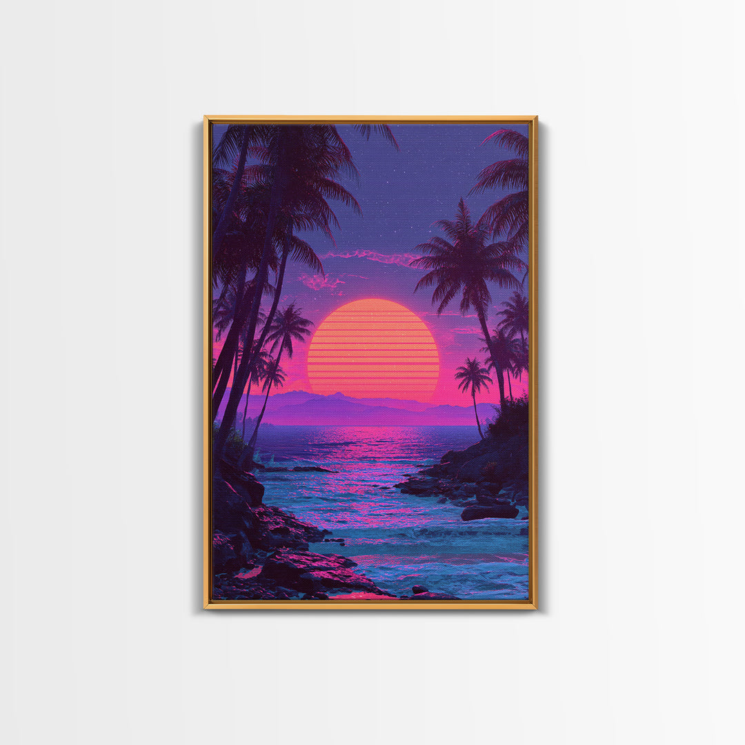 Vibrant Pink And Purple Tropical Beach Sunset With Palm Trees And Calm Ocean Retro Style Canvas Print