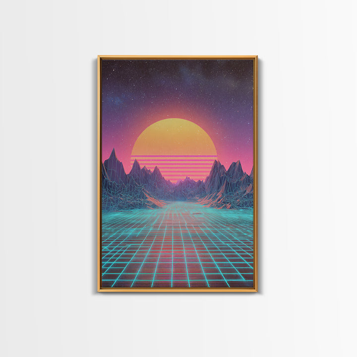 Retro Futuristic Synthwave Neon Sunset Over Wireframe Mountains Wall Art Print For Bedroom Decor Contemporary Canvas Print