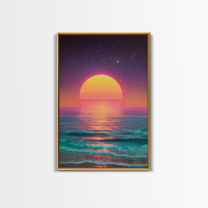 Digital Neon Sunset Ocean Wave Artwork Vibrant Abstract Modern Wall Art Large Framed Canvas Print Coastal Home Decor